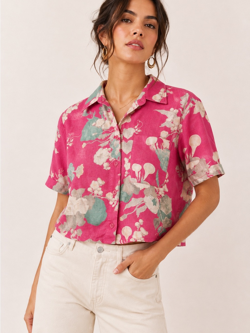 Aritzia Sunday Best Pink Floral Short Sleeve Button Down Top Linen Cotton